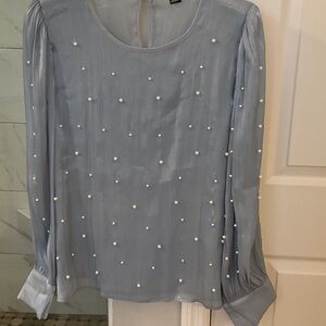 Women’s Light Blue Pearl-Embellished Long Sleeve Top